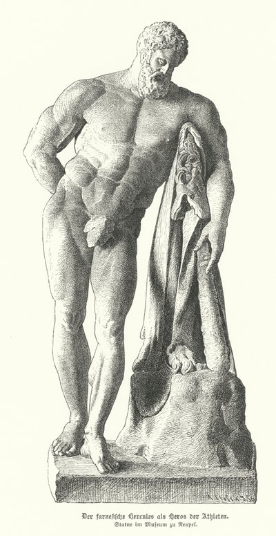 Herkules Farnese, rzymska kopia starożytnego posągu greckiego autorstwa Lysippos (rycina) autorstwa German School