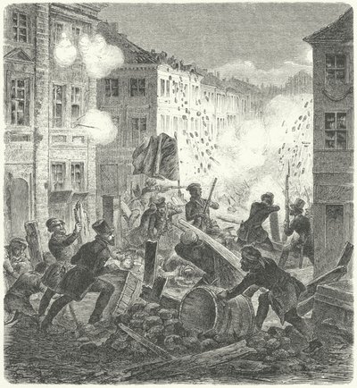 Walka na barykadzie przed ratuszem w Colln, Berlin, rewolucja 1848 r. (rycina) autorstwa German School