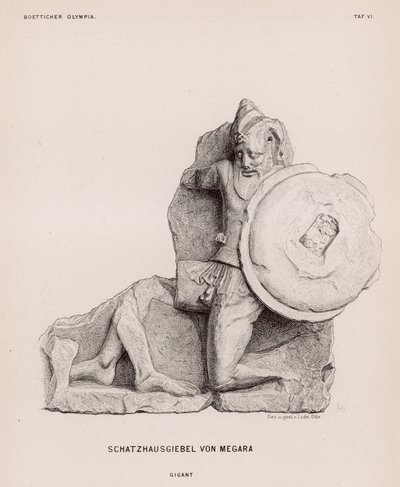 Figura olbrzyma z frontonu Skarbca Megary, Olimpia, Grecja (rycina) autorstwa German School