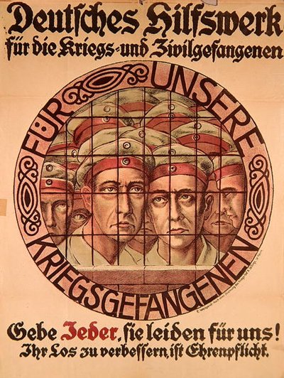 Plakat I Wojny Światowej wzywający Niemców do przekazania pieniędzy na pomoc niemieckim jeńcom wojennym (kolor lito) autorstwa German School