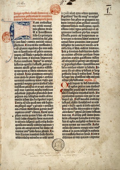 Pierwsza strona Biblii po łacinie (wulgata) Gutenberga sporządzona w Moguncji 1452 - 1454. Początek epitretu św. Hieronima do księdza Paulina zajmującego się wszystkimi księgami Pisma Świętego. autorstwa German School