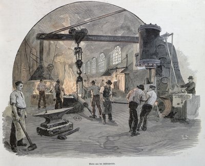 Kuźnie w Cesarskich Zakładach Inżynieryjnych w Kilonii (kolorowe grawerowanie) autorstwa German School
