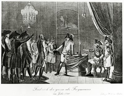 Fryderyk Wielki przyjmuje swojego szwagra Fryderyka, margrabiego Brandenburgii-Bayreuth jako masona w Berlinie w 1740 r. autorstwa German School