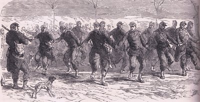 Francuscy żołnierze tańczący w obozie, Cassells History of the War between France and Germany wydana przez Cassell and Company Limited, c.1890 (lito) autorstwa German School