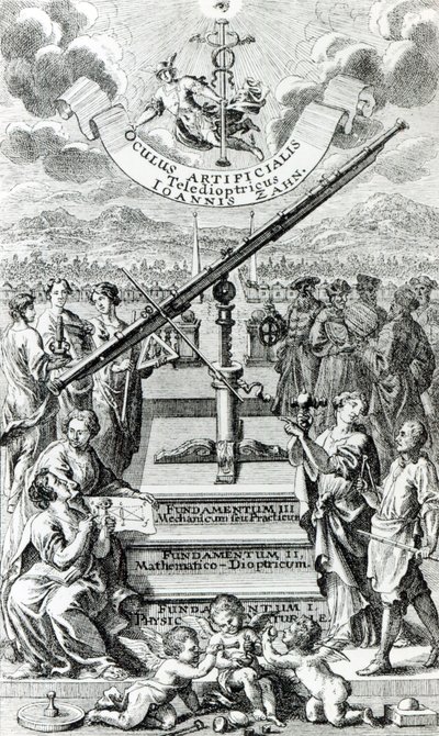 Frontyspis do Oculus Artificialis Teledioptricus Sive Telescopium autorstwa Johanna Zahna, wydanie 2 opublikowane w 1702 r. autorstwa German School