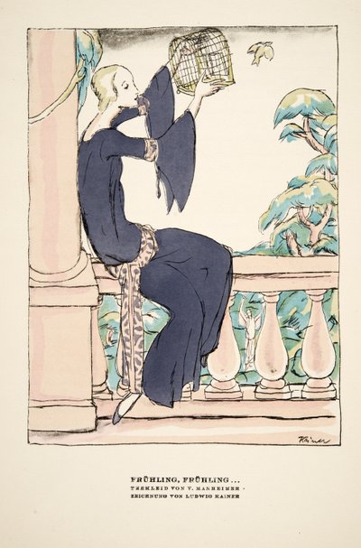"Frühling, Frühling", reklama Tea Dress autorstwa V. Manheimera, ze Styl, wyd. 1922 (druk pochoir) autorstwa German School