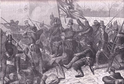 Generał von Budretzky kierujący atakiem na Le Bourget, Cassells History of the War between France and Germany opublikowany przez Cassell and Company Limited, c.1890 (lito) autorstwa German School