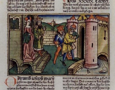 Genesis 39 19-23 Innocenty Józef w więzieniu, z „Biblii norymberskiej (Biblia Sacra Germanaica)” (kolorowy drzeworyt) autorstwa German School
