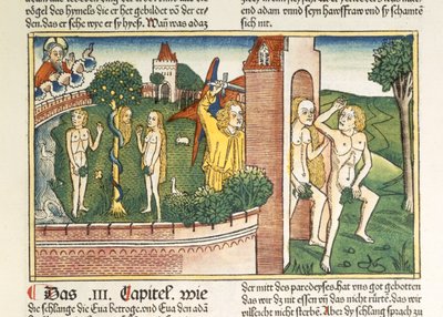 Rodzaju 3 1-24 Kuszenie i wygnanie z raju, z Biblii Norymberskiej (Biblia Sacra Germanaica) (kolorowy drzeworyt) autorstwa German School