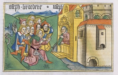 Rodzaju 42 1-5 Przybycie braci Józefa do Egiptu z „Biblii Norymberskiej (Biblia Sacra Germanaica)” (drzeworyt kolorowy) autorstwa German School