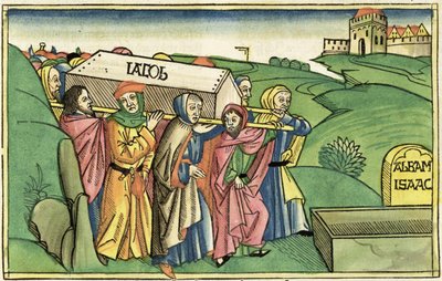 Rodzaju 49:28-33 Pogrzeb Jakuba, z Biblii Norymberskiej (Biblia Sacra Germanaica) (kolorowy drzeworyt) autorstwa German School