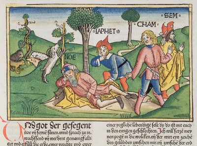 Rdz 9 20-27 Noe okryty płaszczem przez synów Szema, Chama i Japeta, z Biblii Norymberskiej (Biblia Sacra Germanaica) (kolorowy drzeworyt) autorstwa German School