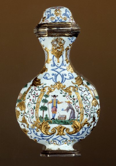 Sztuka niemiecka: butelka perfum z XVIII wieku (enamaille; scena chinoiserie) autorstwa German School