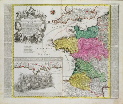 Niemiecka mapa przedstawiająca angielskie ataki morskie na francuskie porty w 1758 r autorstwa German School