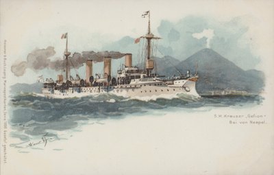 Niemiecki krążownik Gefion w Zatoce Neapolitańskiej, Włochy (chromolitho) autorstwa German School