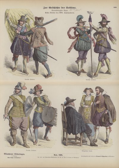 Niemieckie stroje wojskowe i burżuazyjne, początek XVII w. (kolorowa grawerunek) autorstwa German School