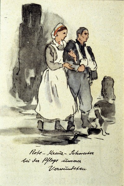 Niemiecka pielęgniarka podtrzymująca rannego mężczyznę. 1942. autorstwa German School