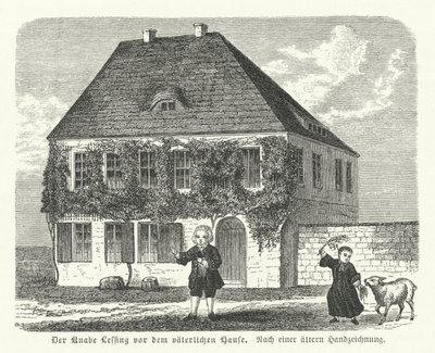 Niemiecki filozof i dramaturg Gotthold Ephraim Lessing przed domem ojca w Kamenz jako chłopiec (grafika) autorstwa German School