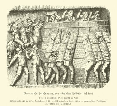 Germańskie fortyfikacje atakowane przez rzymskich żołnierzy (rycina) autorstwa German School