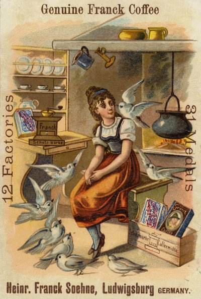 Dziewczyna z gołębiami, reklamująca oryginalną kawę Franck autorstwa German School
