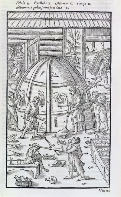 Huta szkła, ilustracja przedstawiająca piec marmurowy i dmuchawy szkła (drzeworyt) autorstwa German School