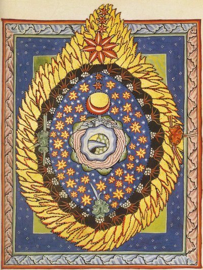 Bóg, kosmos i ludzkość. Miniatura z Liber Scivias autorstwa Hildegardy z Bingen, ok. 1175 (akwarela na pergaminie) autorstwa German School
