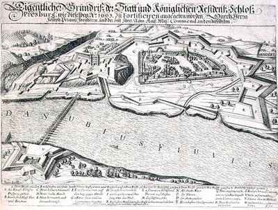 Plan miasta i zamku Pressburg oraz jego fortyfikacji w 1663 r., ilustracja z księgi o kampaniach osmańskich w Europie, sztychowana przez Paula Fursta (ok. 1605-66) (rycina) autorstwa German School