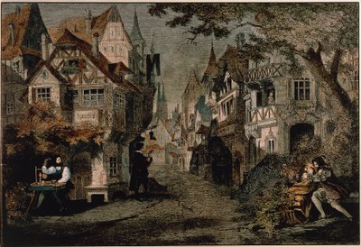 Hans Sachs, Scena 2 z „Die Meistersinger” Richarda Wagnera (kolorowa grawerunek) autorstwa German School
