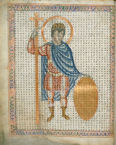 Harley 3045 fol.2 Cesarz Ludwik I Pobożny trzymający krzyż i tarczę, z „De Laudibus Sancte Crucis”, ok. 1170-79 (welum); autorstwa German School