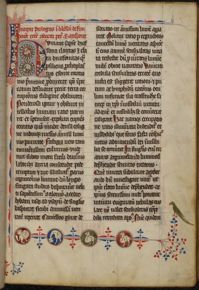 Harley 3973 f.1, Inicjał zamieszkany „H” (umane) z hybrydowymi stworzeniami i kwitnieniem pióra tworzącym trójstronną granicę (welum) autorstwa German School