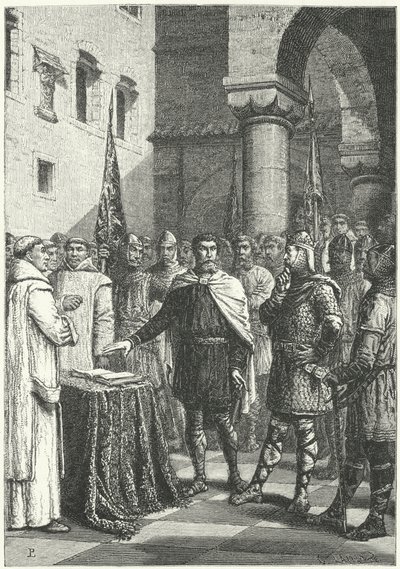 Harold Godwinson składa przysięgę, która obiecuje poprzeć roszczenia Wilhelma Normandii do tronu angielskiego autorstwa German School