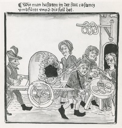 Sokolnik z naleśników i precli, podczas soboru w Konstancji w 1417 r., według inkunabułu, ok. 1485 (pióro i atrament na papierze) autorstwa German School