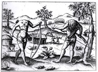 Bezgłowi mężczyźni i kobiety, ilustracja z relacji sir Waltera Raleigha o Gujanie, opublikowanej w Norymberdze, 1599 autorstwa German School