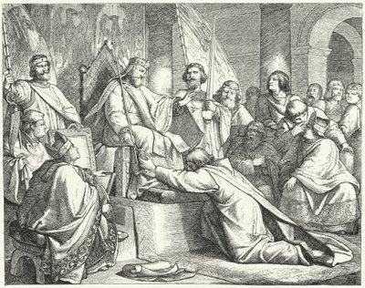 Henryk Lew, książę Saksonii, poddający się Fryderykowi Barbarossie w Erfurcie autorstwa German School