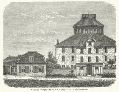 Dom niemieckiego filozofa i dramaturga Gottholda Ephraima Lessinga oraz biblioteka w Wolfenbuettel (grafika) autorstwa German School