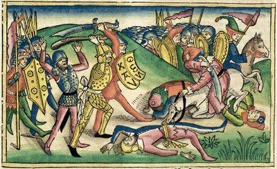 I Królów 15 16 Wojna między Asą i Baashą, z Biblii Norymberskiej (Biblia Sacra Germanaica) (kolorowy drzeworyt) autorstwa German School