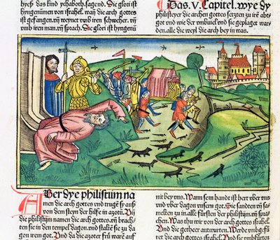 1 Samuela 5:1-11 Filistyni chwytają Arkę i zostają dotknięci przez zarazę, z Biblii Norymberskiej (Biblia Sacra Germanaica) (kolorowy drzeworyt) autorstwa German School