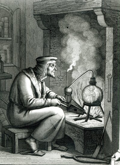 Ilustracja z Goethes Faust przedstawiająca Mefistofelesa tworzącego homunkulusa, 1854 autorstwa German School