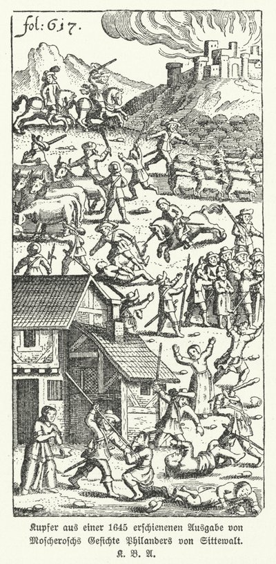 Ilustracja z wydania satyrycznego niemieckiego pisarza Johanna Michaela Moscheroscha z 1645 r. Cudowne i prawdziwe wizje Philandera von Sittewalda (lito) autorstwa German School