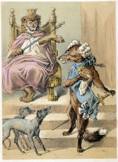 Ilustracja do opowieści Franza Hoffmanna „” Opowieści i bajki – lis”: Lis przemawiający przed Królem Lwem. Chromolitografia XIX wieku. autorstwa German School