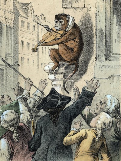 Ilustracja do bajek Franza Hoffmanna „Bajki i bajki – małpa i skrzypce””: małpa grająca na skrzypcach przed tłumem. Chromolitografia XIX wieku. autorstwa German School
