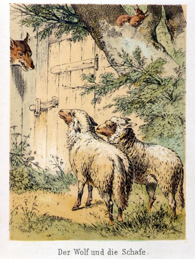 Ilustracja do bajek Franza Hoffmanna „Opowieści i bajki – wilk i owca””: wilk rozmawiający z dwiema owcami. Chromolitografia XIX wieku. autorstwa German School