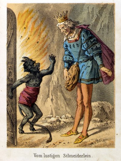 Ilustracja do bajek Franza Hoffmanna „”Tales et Fables – Radosny krawczyk””. Chromolitografia XIX wieku. autorstwa German School