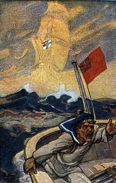 Ilustracja przedstawiająca propagandę niemiecką z magazynu Jugend podczas I wojny światowej. Angielski marynarz jest terroryzowany przez pojawienie się statku widmo pływającego pod banderą Rzeszy. autorstwa German School