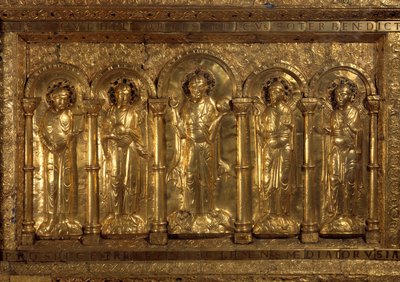 Przed ołtarzem w Cathedrale of Bale Wokół Łażącego Chrystusa trzej archaniołowie (Michael, Gabriel i Rafael) oraz św. Benedykt z Nursie, a u jego stóp cesarz Henryk II powiedział: Święty (973-1024) i św. Imponująca Kunegunda (975-103 autorstwa German School