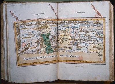 Inc. 425 Mapa Ziemi Świętej, oparta na opisach i współrzędnych podanych w Cosmographica, przez Ptolemeusza (Klaudiusza Ptolemeusza z Aleksandrii) (ok. 90-168 AD) opublikowana w Ulm, Niemcy, przez Johanna Regera fo autorstwa German School