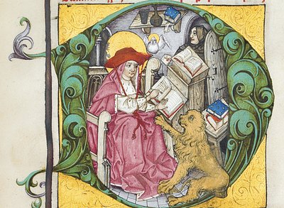 Inicjał D z Epistolae Hieronymus, listów i traktatów św. Hieronima, pod redakcją Adrianusa Brielisa autorstwa German School