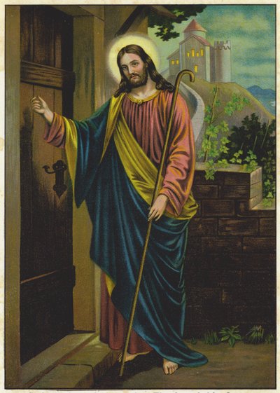 Jezus pukający do drzwi domu (kolorowa litografia) autorstwa German School