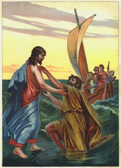 Jezus chodzący po wodzie (kolorowa litografia) autorstwa German School