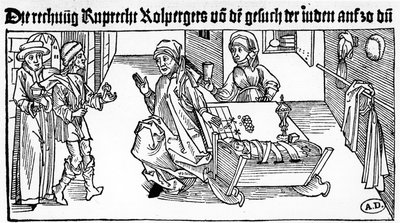 Żydowski lichwiarz z rodziną przyjmujący klientów, 1491 (drewno) autorstwa German School